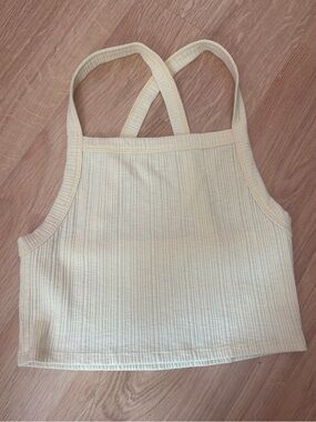 Crossover Sleeve Ribbed Cropped Tank Top in Pale Yellow